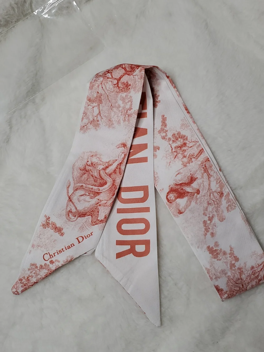 Bag Accessorie Dior Toile Twilly Scarf in Coral-Pink and White